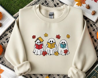 Ghost Reading Book Embroidered Sweatshirt Book Lover Gift For Teacher Cute Halloween Crewneck Fall Spooky Reading Club Shirt For Women