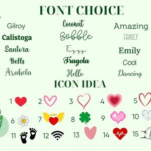 May include: A light green graphic with the text "FONT CHOICE" and "ICON IDEA". The image displays various font styles and icon ideas, including hearts, clovers, and footprints. Decorative leaves frame the text.