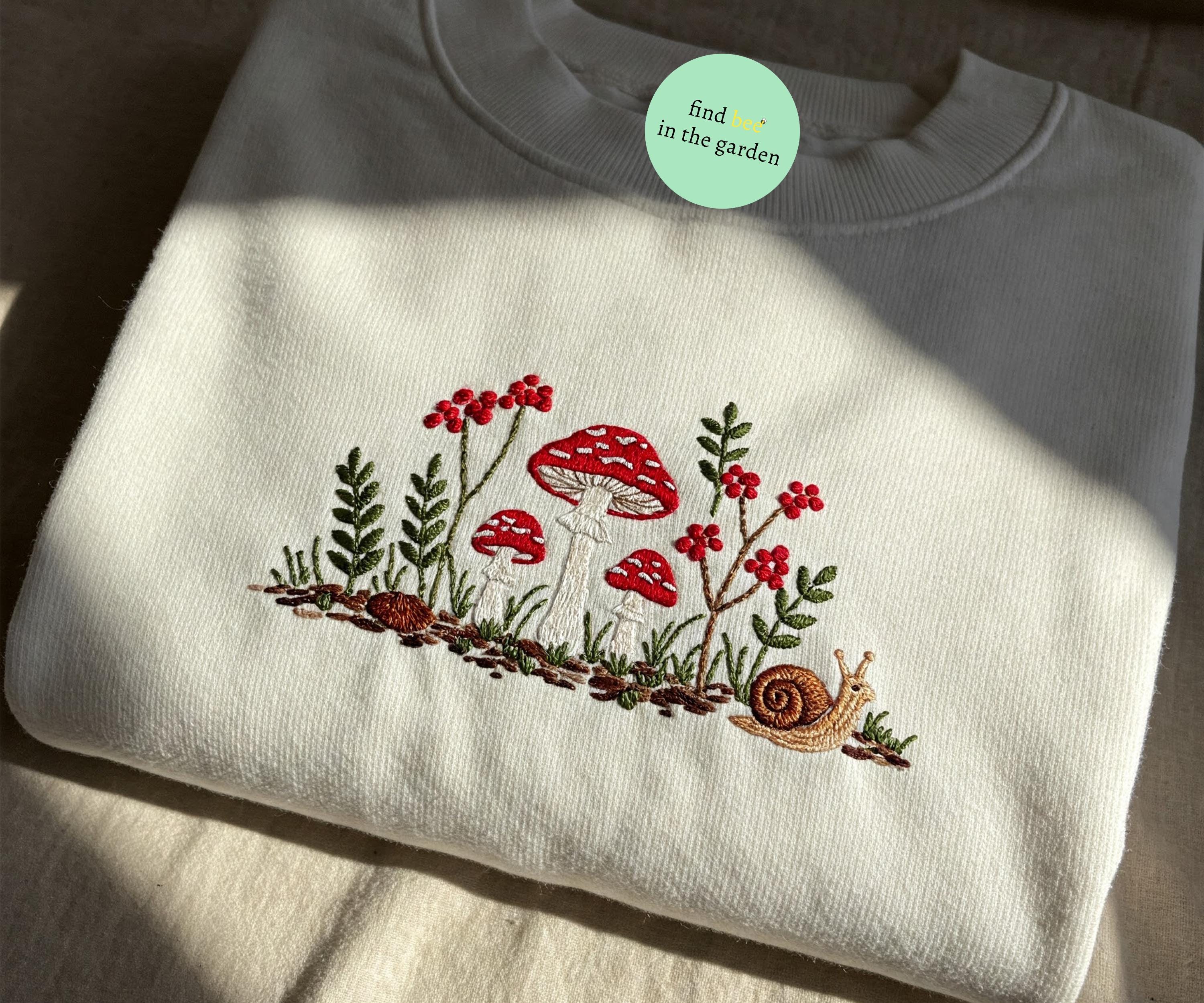 Embroidered Mushroom T-shirt, Cottagecore Sweatshirt, Botanical Nature Shirt, Granola Girl Tee, Wildlife Embroidery Gift, Goblincore Top