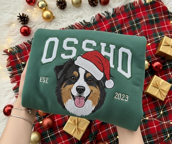 Pet Christmas Embroidered Sweatshirt Using Photo, Custom Dog Sweater, Embroidered Cat Crewneck gift for Pet Owner, Dog mom Holiday Shirt
