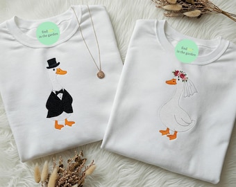 Embroidered Couple Duck Bride And Groom Sweatshirt, Gift for Bride, Bachelorette Party Gift, Wedding Anniversary Outfit, Honeymoon Shirt