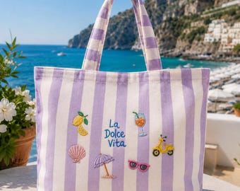 Amalfi Embroidered Striped Tote Bag, La Dolce Vita Tote Bag, Mediterranean Summer Vacation Outfit