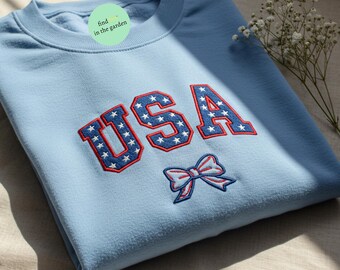 Embroidered Coquette USA Bow T-Shirt, Cute 4th of July Shirt for Women, Patriotic Floral Tee, American Flag Shirt, Summer BBQ Outfit