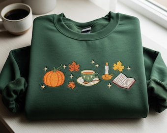 Fall Icons Embroidered Sweatshirt, Cute Fall Leaves Crewneck for Women, Cozy Autumn Thanksgiving Sweater Gift, Cozy Season Fall Sweatshirt