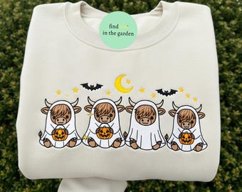 Lustiges Ghost Highland Kuh gesticktes Halloween-Hemd für Kuh-Liebhaber, gruseliges nettes Herbst-Hemd, westliches Halloween-Sweatshirt Geschenk für sie