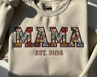 Custom Mama Boho Floral Embroidered Appliqué Sweatshirt, Personalized Mom Crewneck, New Mom Gift, Nana or Auntie Appliqué, Cozy Family Shirt