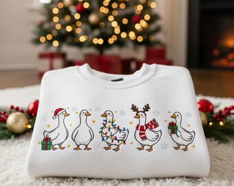 Chemise brodée de canard de Noël drôle, sweat-shirt de Noël de canard mignon, pull de vacances de Santa Duck, cadeau de Noël d'animal de ferme pour elle