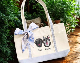 Custom 2 Dog Portrait Embroidered Tote Bag, Custom Dog Bag, Design Your Dog Tote, Dog Lover Gift, Women Tote Bag Gift for Pet Loss Memorial