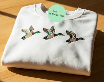 Sweatshirt geborduurde eend, ronde hals wilde eend, retro eend hoodie, dierenvriend cadeau, schattig eend borduurwerk, sweatshirt jachtseizoen