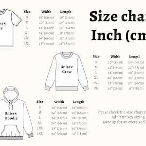 Op de afbeelding: Maattabel voor unisex kleding in inches en centimeters. De tabel bevat maten voor een t-shirt, een crewneck sweatshirt en een hoodie. De tabel toont de breedte en lengte van elk kledingstuk in de maten S, M, L, XL, 2XL en 3XL.