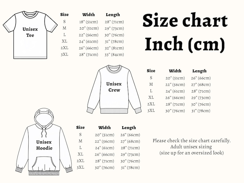Op de afbeelding: Maattabel voor unisex kleding in inches en centimeters. De tabel bevat maten voor een t-shirt, een crewneck sweatshirt en een hoodie. De tabel toont de breedte en lengte van elk kledingstuk in de maten S, M, L, XL, 2XL en 3XL.