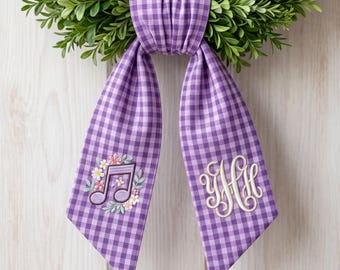 Music Note Wreath Sash Embroidered, Music Lover Door Decor, Purple Gingham Monogram Sash, Dance Recital Decor, Personalized Front Door Bow