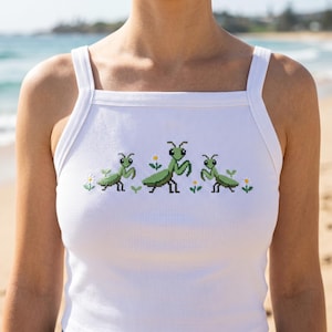 Praying Mantis Embroidered Tank Top, Cute Insect Lover Shirt, Pixel Bug Cami, Cottagecore Summer Tank, Garden Lover Gift