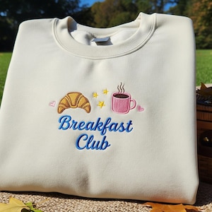 Breakfast Club Oversized Embroidered  Sweatshirt Coffee Croissant Graphic Boho Y2K Aesthetic Cozy Hoodie Trendy Women Pullover for Women