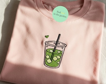 Matcha Green Tea Latte Embroidered Shirt, Cute Summer Matcha Lover Gift, Iced Drink Foodie Tee, Trendy Green Tea Sweatshirt