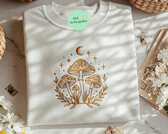 Mushroom Moon Phase Oversized Embroidered Sweatshirt, Respect the Wildlife, Cottagecore Sweater, Magical Fungi Forest Shirt Celestial Hoodie