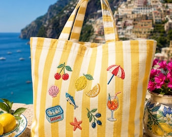 Italy Summer Embroidered Striped Tote Bag,Mediterranean Beach Tote Bag, Travel Gift