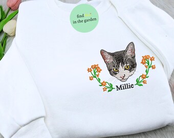 Sudadera con cara de gato bordada personalizada, sudadera con foto de perro bordada, regalo para amantes de las mascotas, sudadera con nombre de mascota, camiseta unisex
