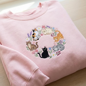 Floral Cat Embroidered Sweatshirt, Cute Cat Wreath Cottagecore Design, Cat Lover Gift
