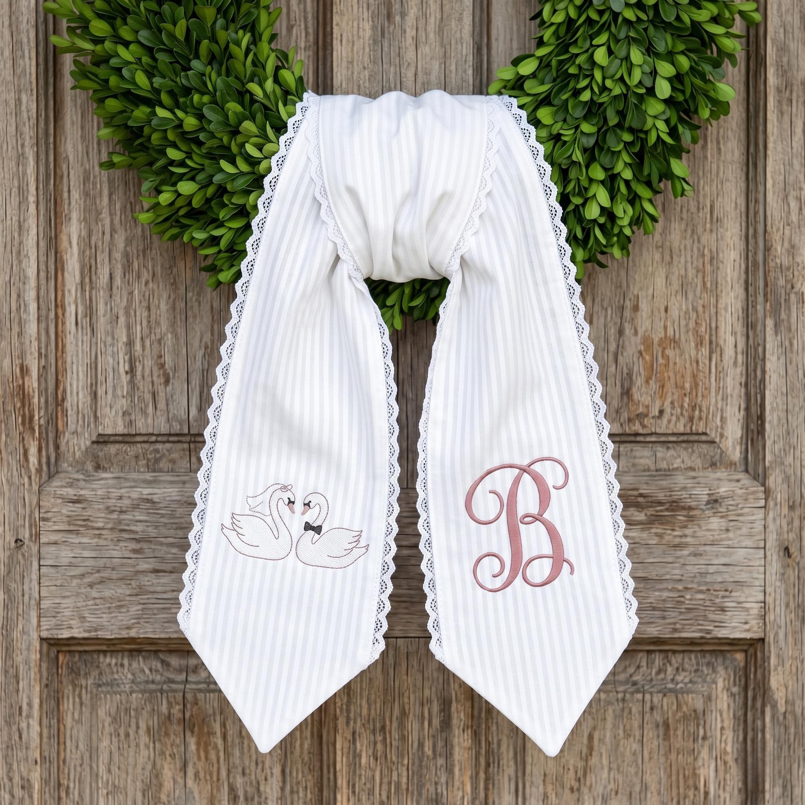 Swan Wedding Wreath Sash Embroidered, Bride Groom Door Decor, Romantic Swan Bow, Monogram Initial Sash, Wedding Front Door Decor - Design 2 tail