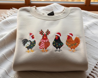 Sudadera navideña bordada con pollos, divertida camiseta navideña con pollos, sudadera navideña con temática de granja, regalo de Navidad para amantes de la granja.