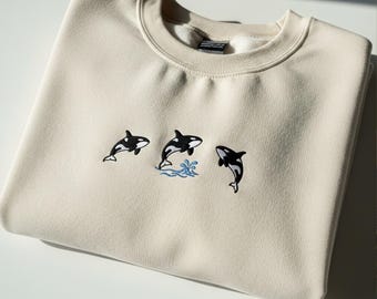 Embroidered Orca Whale Sweatshirt, Trio of Killer Whales Ocean Shirt, Coastal Marine Life Crewneck, Sea Animal Gift for Nature Lovers