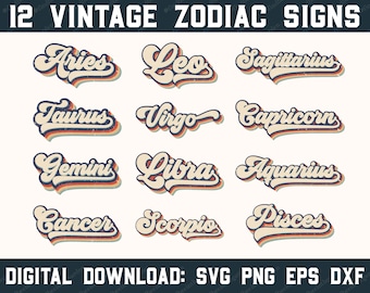 12 Vintage Zodiac Signs SVG, Zodiac Signs svg, Astrology svg, Horoscope svg, SVG Files For Cricut, Silhouette, PNG Sublimation
