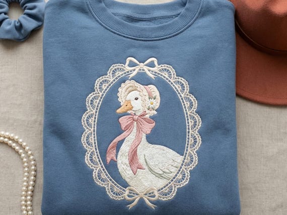 Vintage Goose Embroidered Sweatshirt Grandma Core Aesthetic, Cottagecore Duck Jumper with Lace Frame, Soft Cozy Farm Animal Sweater Gift