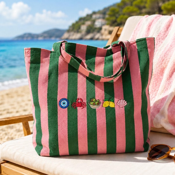 Summer Embroidered Striped Tote Bag, Mediterranean Tote Bag, Beach Travel Outfit
