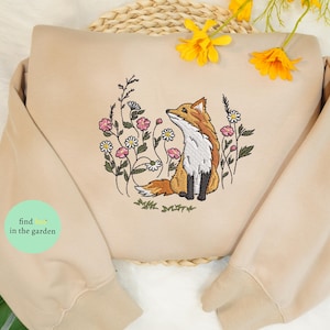 Fox And Flower Embroidered Sweatshirt, Fox Cottagecore Shirt, Forestcore clothing, Mother Day gift, Fox lover Gift, Floral Fox Sweater