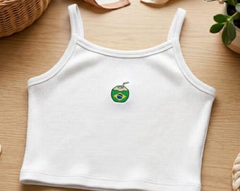 Broderat linne med kokosnöt, sommarsemesterlinne, tropisk brasiliansk crop top, strandestetisk skjorta
