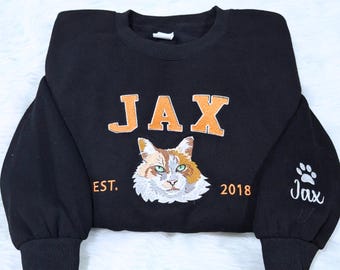 Sudadera con cara de gato bordada personalizada, sudadera con foto de perro bordada, regalo para amantes de las mascotas, sudadera con nombre de mascota, camiseta unisex
