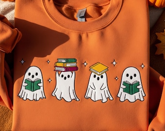 Cute Ghost Reading Book Embroidered Shirt, Spooky Bookish Ghost, Fall Halloween Shirt For Women, Ghost Lover Gift, Cozy Autumn Reading Shirt