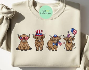 Highland Cow 4th of July Embroidered T-Shirt, Patriotic Western USA Shirt, Independence Day Cow Lover Gift, Red White and Blue Summer Tee