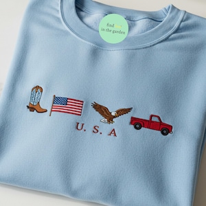 USA Embroidered Icons Crewneck Sweatshirt, 4th of July Country Western Shirt, Patriotic Cowboy Boots Truck Flag America Sweater