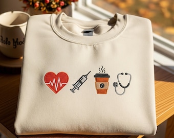 Embroidered Nurse Icon Sweatshirt – Medical Heartbeat Coffee Stethoscope Pullover, Healthcare Worker Gift, Funny Nurse Doctor Sweater