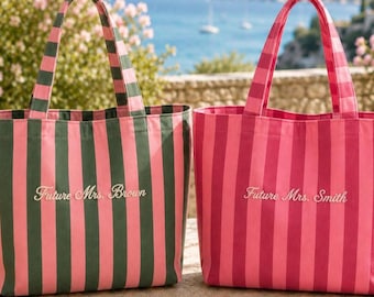 Custom Future Mrs Embroidered Striped Tote Bag, Personalized Bridal Tote, Bride Honeymoon Bag, Bridal Shower Gift