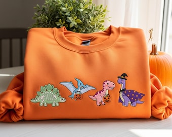 Camisa bordada de dinosaurio Spookysaurus para Halloween, camiseta bordada de esqueleto para paleontología, lindo regalo de T-Rex para truco o trato, para amantes de los dinosaurios en otoño