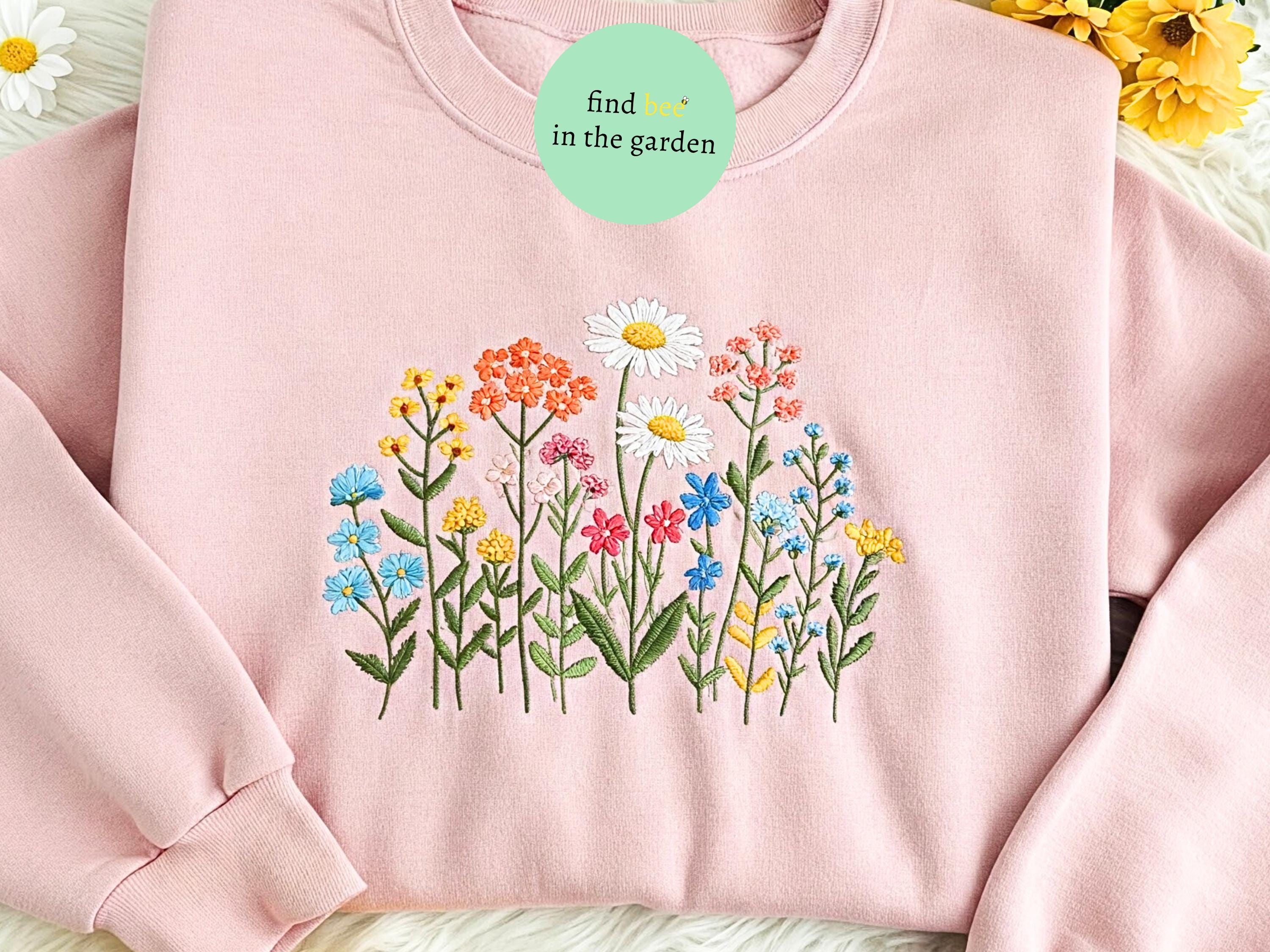 Boho Flower Meadow Embroidered Sweatshirt, Wildflowers Embroidery 
