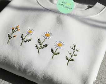 Broderad prästkragetröja, vildblomströja, söt prästkrageblomma, present till mamma, mors dag-present