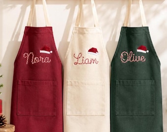 Personalized Christmas Embroidered Apron, Custom Name Holiday Cooking Apron, Santa Hat Kitchen Apron Gift