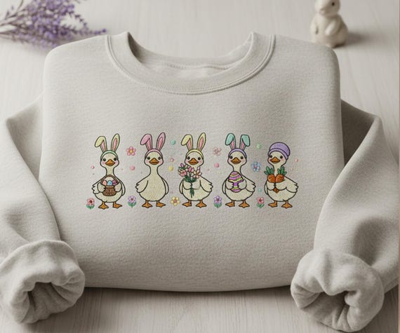 Cute Easter Duck Sweatshirt Embroidered Pastel Bunny Ear Ducks with Flowers Eggs and Carrots Spring Holiday Crewneck for Women and Men