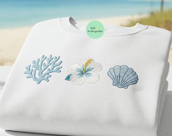Coral Seashells Tropical Flower Embroidered Shirt, Coastal Summer Embroidery Tee, Beach Aesthetic Crewneck, Island Vacation Sweatshirt