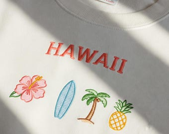 Embroidered Hawaii Crewneck, Aloha State Sweatshirt, Palm Tree Shirt, Honolulu Beach Shirt, Cozy Tropical Gift, Hawaii Hoodie, Vacation Gift