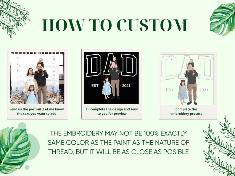 May include: An instructional graphic with the text "HOW TO CUSTOM" and three illustrations. The illustrations show a family portrait, a "DAD" design with "EST 2021", and a similar design. Text explains the process: send portrait, design preview, and embroidery.
