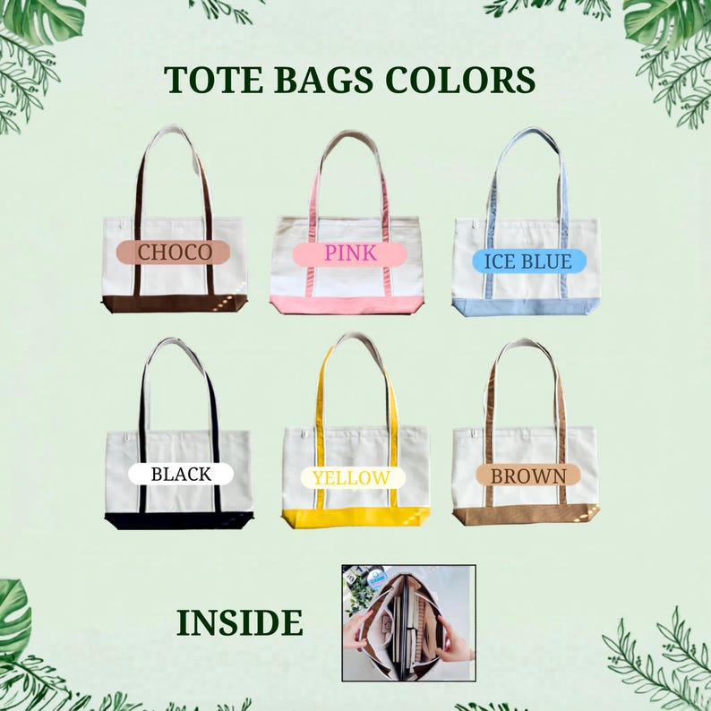 May include: Six canvas tote bags arranged in two rows, each featuring a white body with colored base and handles labeled Choco, Pink, Ice Blue, Black, Yellow, and Brown. A smaller inset shows the interior of a bag with multiple compartments.