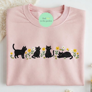 Cute Floral Black Cat Embroidered Sweatshirt, Four Cats with Flower Crewneck, Kitten Hoodie, Cottagecore Cat Mom Shirt, Floral Kitten Tee