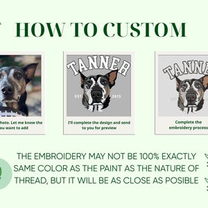 以下が含まれることがあります： 「HOW TO CUSTOM」のテキストと、カスタム刺繍の3つのステップを示す説明図。ステップには、写真の送信、デザインプレビュー、刺繍の完了が含まれます。画像には犬が描かれています。