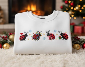 Embroidered Ladybug Christmas Sweatshirt, Cute Lady Bug Shirt, Gardening Gift, Cottagecore Embroidery Hoodie, Nature Lover Christmas Gift