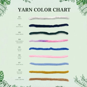 May include: A yarn color chart featuring nine horizontal strands of yarn in various colors labeled 01 white, 02 navy blue, 03 dark green, 04 pink purple gradient, 05 royal blue, 06 light pink, 07 light blue, 08 mustard yellow, and 09 camel brown.